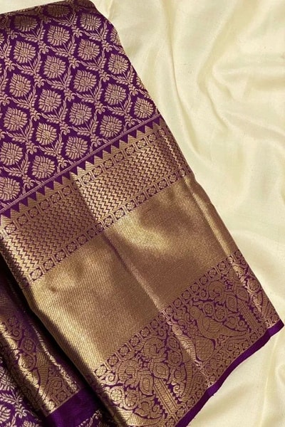Purple Banarasi Soft Silk Saree with Gold Zari Bud Motif Jaal and Wide Tissue Gold Border in Surat