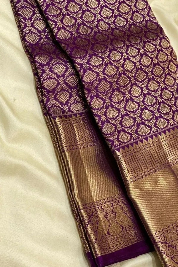Purple Banarasi Soft Silk Saree with Gold Zari Bud Motif Jaal and Wide Tissue Gold Border  in Surat