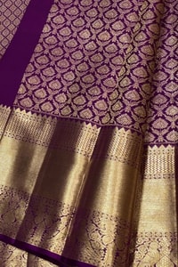 Purple Banarasi Soft Silk Saree with Gold Zari Bud Motif Jaal and Wide Tissue Gold Border  in Surat