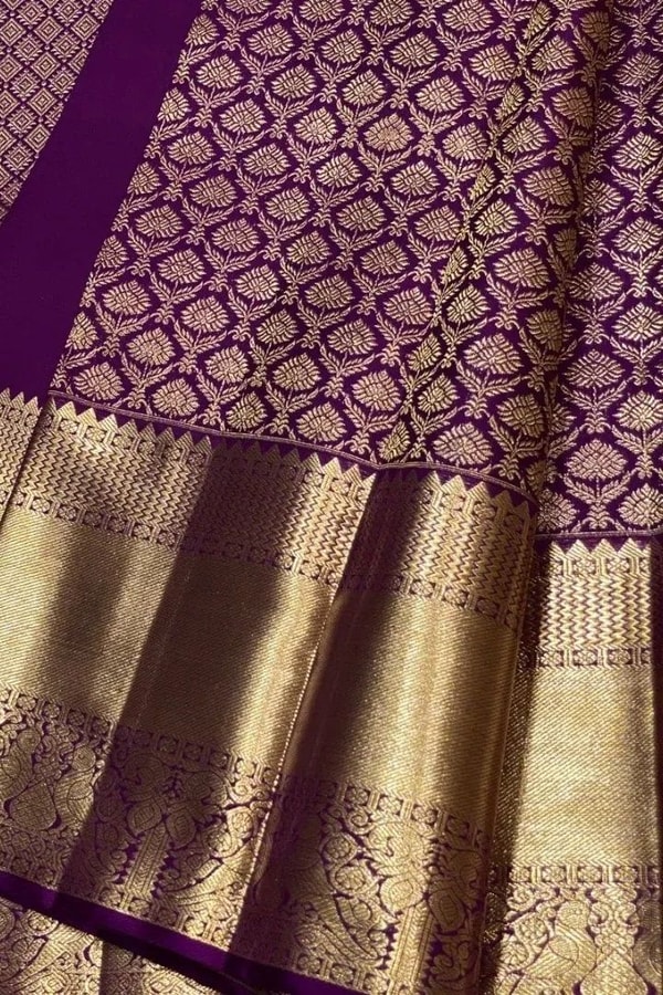 Purple Banarasi Soft Silk Saree with Gold Zari Bud Motif Jaal and Wide Tissue Gold Border  in Surat