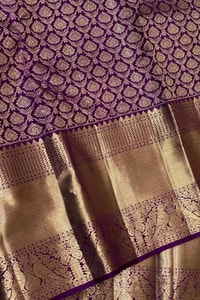 Purple Banarasi Soft Silk Saree with Gold Zari Bud Motif Jaal and Wide Tissue Gold Border  in Surat