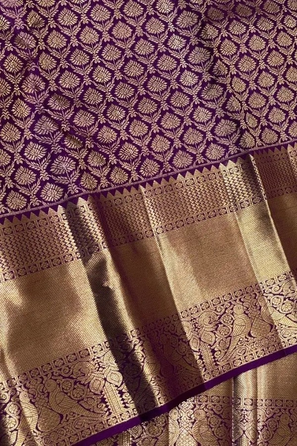 Purple Banarasi Soft Silk Saree with Gold Zari Bud Motif Jaal and Wide Tissue Gold Border  in Surat