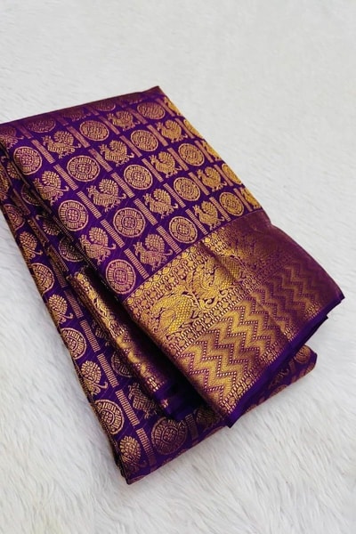 Purple Banarasi Soft Silk Saree with Gold Zari Checks, Annam Motifs and Zigzag Border in Surat