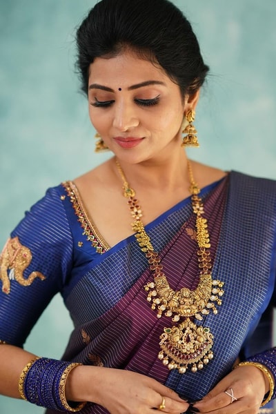 Purple Banarasi Soft Silk Saree with Royal Blue Border and Gold and Silver Zari Woven Pallu in Surat