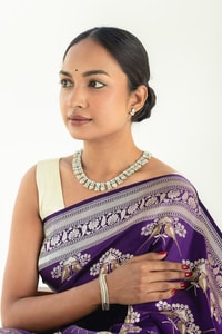 Purple Banarasi Soft Silk Saree with Silver Tone Bird and Floral Weave and Woven Border  in Surat