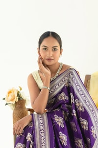 Purple Banarasi Soft Silk Saree with Silver Tone Bird and Floral Weave and Woven Border  in Surat