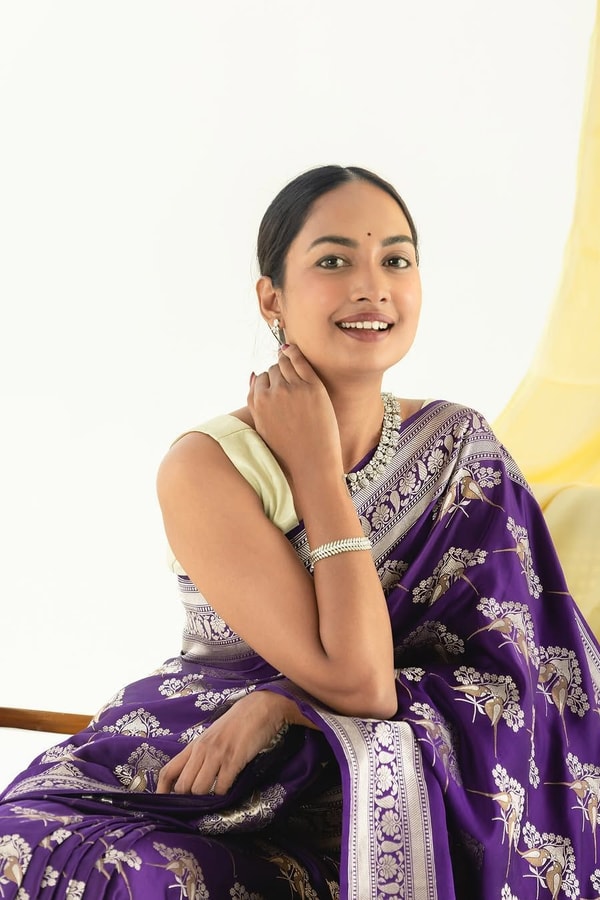 Purple Banarasi Soft Silk Saree with Silver Tone Bird and Floral Weave and Woven Border  in Surat