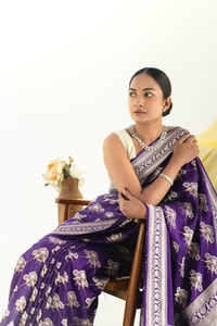 Purple Banarasi Soft Silk Saree with Silver Tone Bird and Floral Weave and Woven Border  in Surat