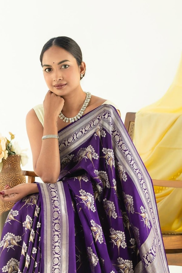 Purple Banarasi Soft Silk Saree with Silver Tone Bird and Floral Weave and Woven Border  in Surat
