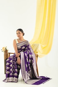 Purple Banarasi Soft Silk Saree with Silver Tone Bird and Floral Weave and Woven Border  in Surat