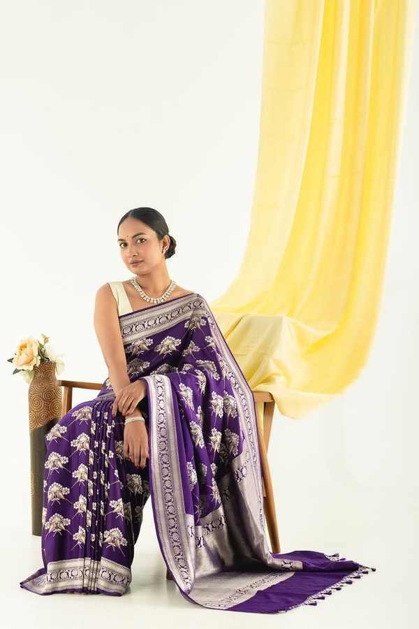 Purple Banarasi Soft Silk Saree with Silver Tone Bird and Floral Weave and Woven Border  in Surat