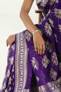 Purple Banarasi Soft Silk Saree with Silver Tone Bird and Floral Weave and Woven Border  in Surat