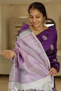 Purple Banarasi Soft Silk Saree with Silver Zari Round Buttis and Lavender Zari Pallu  in Surat