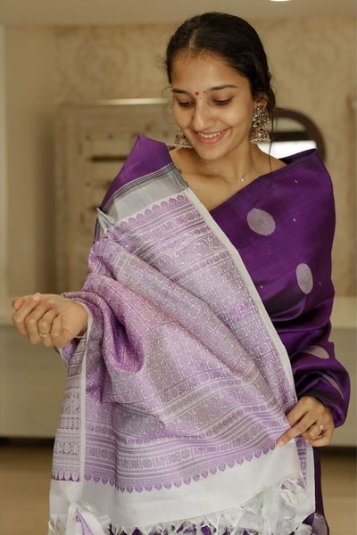 Purple Banarasi Soft Silk Saree with Silver Zari Round Buttis and Lavender Zari Pallu in Surat