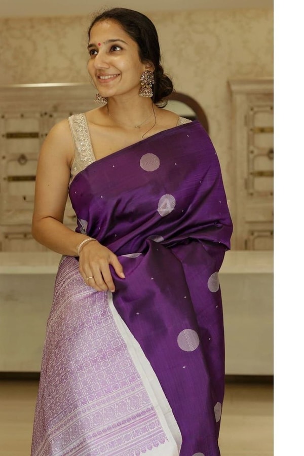Purple Banarasi Soft Silk Saree with Silver Zari Round Buttis and Lavender Zari Pallu  in Surat