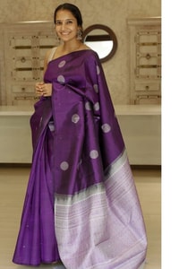 Purple Banarasi Soft Silk Saree with Silver Zari Round Buttis and Lavender Zari Pallu  in Surat