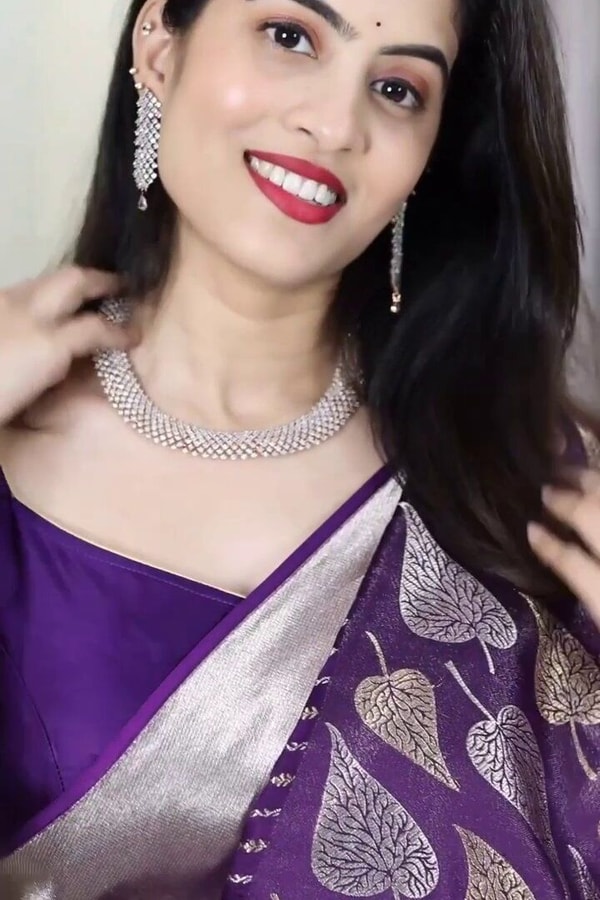Purple Banarasi Soft Silk Saree with Silver Zari Stripes and Peepal Leaf Motif Pallu  in Surat