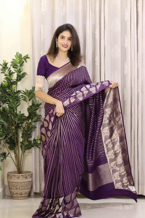 Purple Banarasi Soft Silk Saree with Silver Zari Stripes and Peepal Leaf Motif Pallu  in Surat