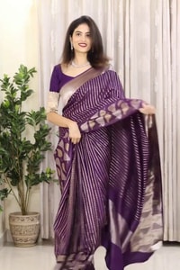 Purple Banarasi Soft Silk Saree with Silver Zari Stripes and Peepal Leaf Motif Pallu  in Surat