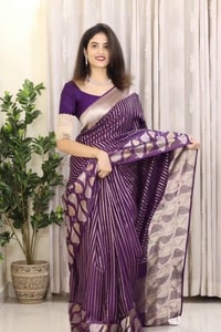 Purple Banarasi Soft Silk Saree with Silver Zari Stripes and Peepal Leaf Motif Pallu  in Surat