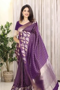 Purple Banarasi Soft Silk Saree with Silver Zari Stripes and Peepal Leaf Motif Pallu  in Surat
