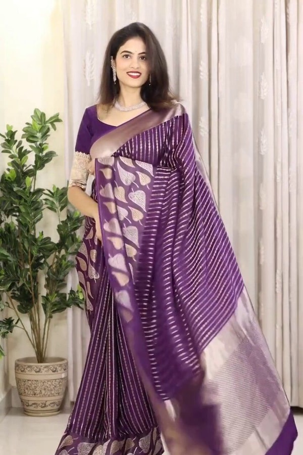 Purple Banarasi Soft Silk Saree with Silver Zari Stripes and Peepal Leaf Motif Pallu  in Surat