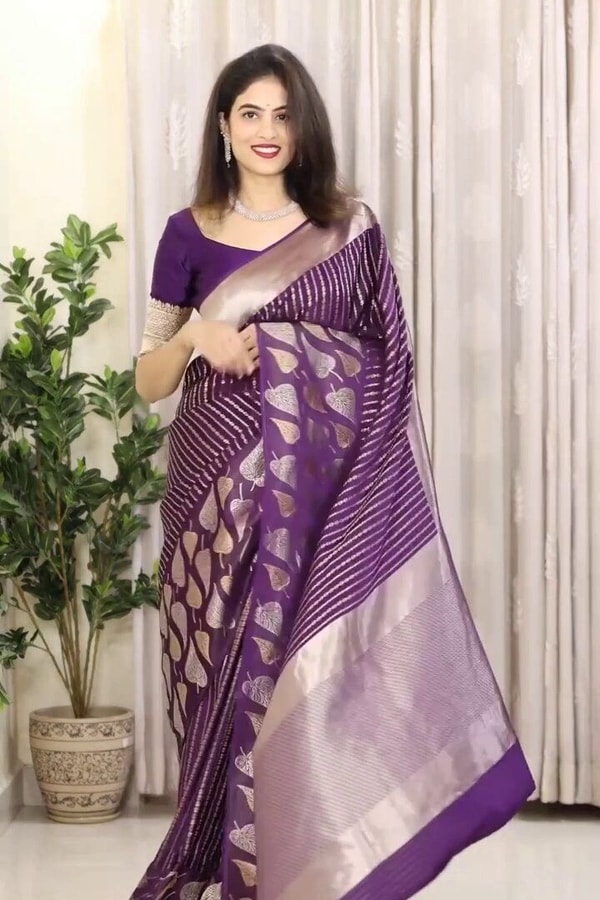 Purple Banarasi Soft Silk Saree with Silver Zari Stripes and Peepal Leaf Motif Pallu  in Surat