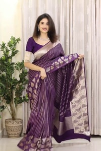 Purple Banarasi Soft Silk Saree with Silver Zari Stripes and Peepal Leaf Motif Pallu  in Surat