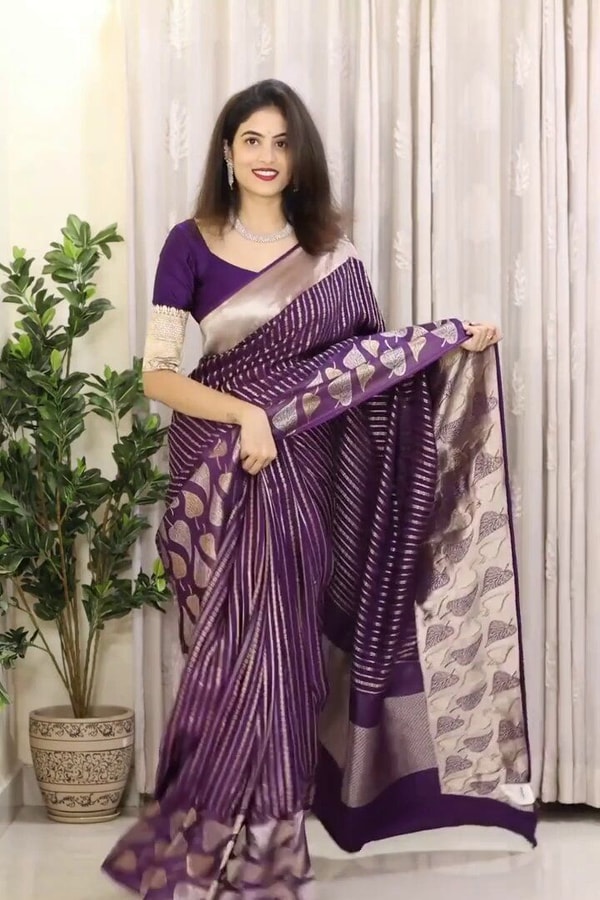 Purple Banarasi Soft Silk Saree with Silver Zari Stripes and Peepal Leaf Motif Pallu  in Surat