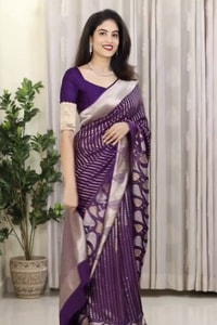 Purple Banarasi Soft Silk Saree with Silver Zari Stripes and Peepal Leaf Motif Pallu  in Surat