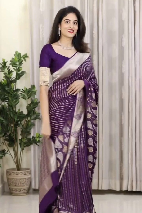 Purple Banarasi Soft Silk Saree with Silver Zari Stripes and Peepal Leaf Motif Pallu  in Surat