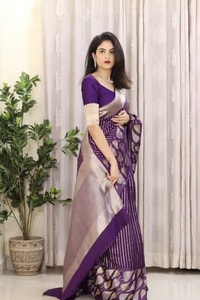Purple Banarasi Soft Silk Saree with Silver Zari Stripes and Peepal Leaf Motif Pallu  in Surat