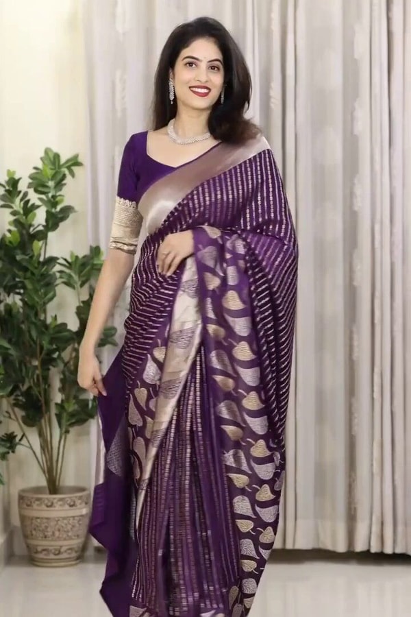 Purple Banarasi Soft Silk Saree with Silver Zari Stripes and Peepal Leaf Motif Pallu  in Surat