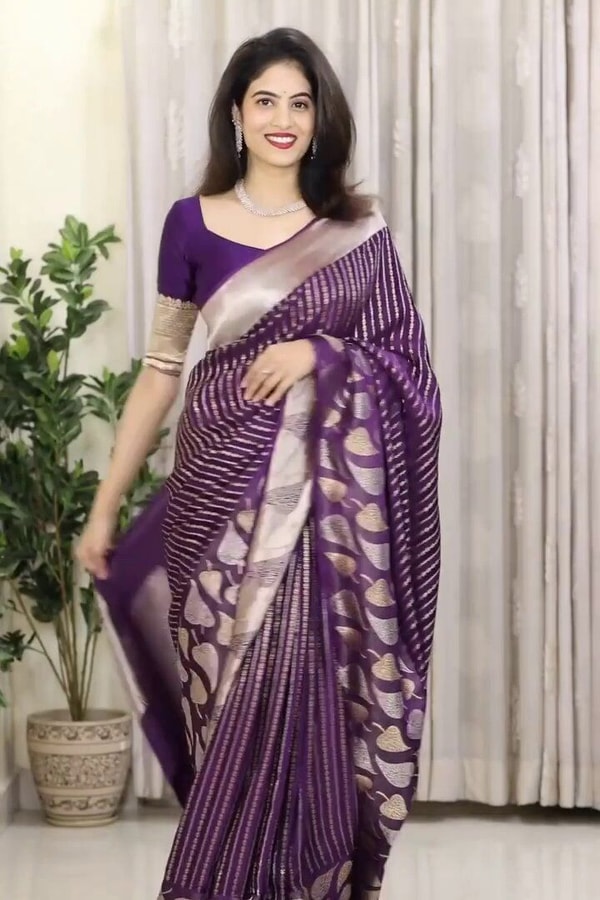 Purple Banarasi Soft Silk Saree with Silver Zari Stripes and Peepal Leaf Motif Pallu  in Surat