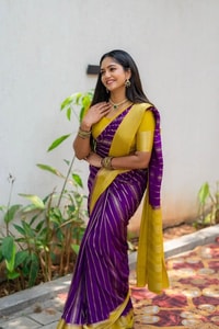 Purple Banarasi Soft Silk Saree with Wavy Zari Stripes and Bright Yellow Contrast Pallu  in Surat