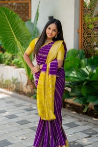 Purple Banarasi Soft Silk Saree with Wavy Zari Stripes and Bright Yellow Contrast Pallu  in Surat