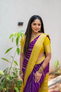 Purple Banarasi Soft Silk Saree with Wavy Zari Stripes and Bright Yellow Contrast Pallu  in Surat
