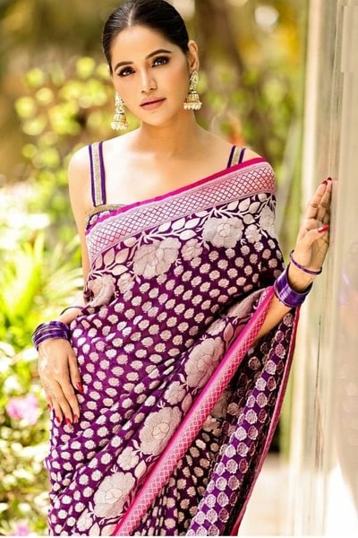 Purple Butidar Banarasi Soft Silk Saree with Woven Floral Buttis and Hot Pink Zari Border in Surat