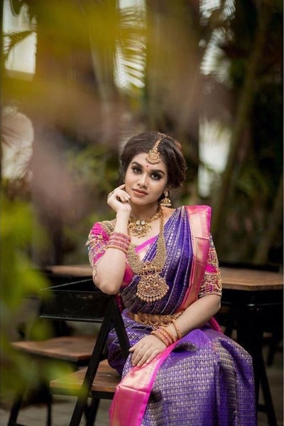 Purple and Pink Checked Banarasi Soft Silk Saree with Zari Border and Lustrous Finish in Surat