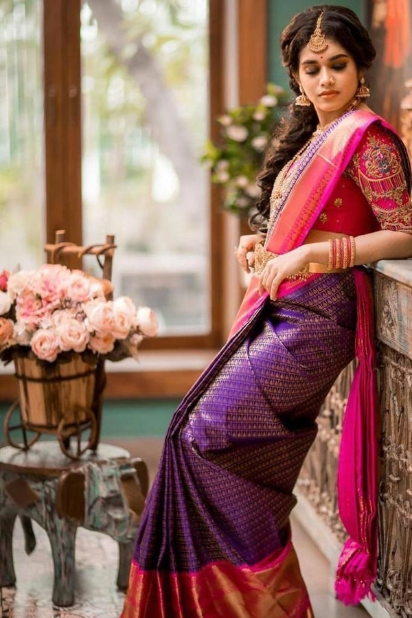 Purple and Pink Checked Banarasi Soft Silk Saree with Zari Border and Lustrous Finish  in Surat