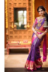 Purple and Pink Checked Banarasi Soft Silk Saree with Zari Border and Lustrous Finish  in Surat