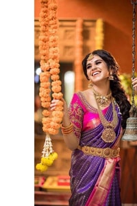 Purple and Pink Checked Banarasi Soft Silk Saree with Zari Border and Lustrous Finish  in Surat