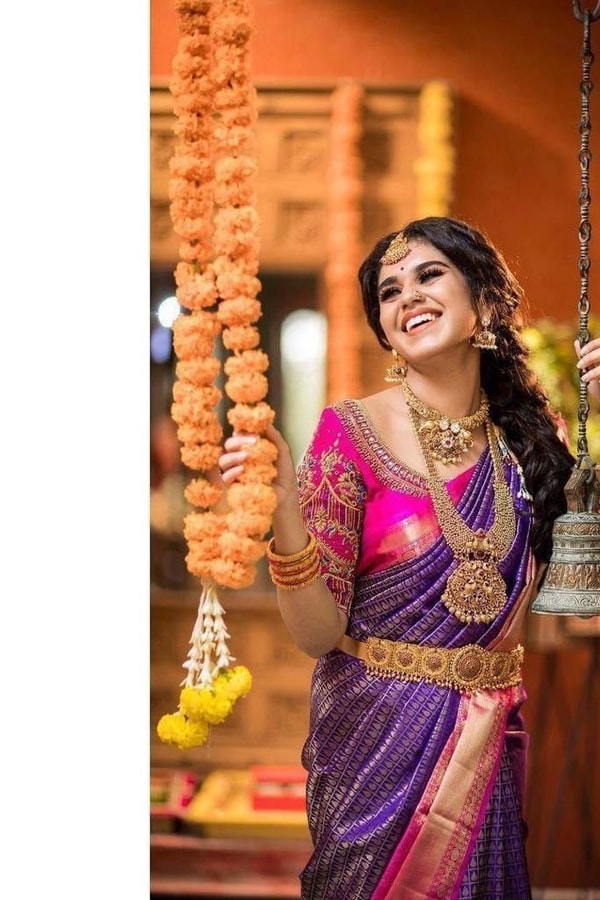 Purple and Pink Checked Banarasi Soft Silk Saree with Zari Border and Lustrous Finish  in Surat