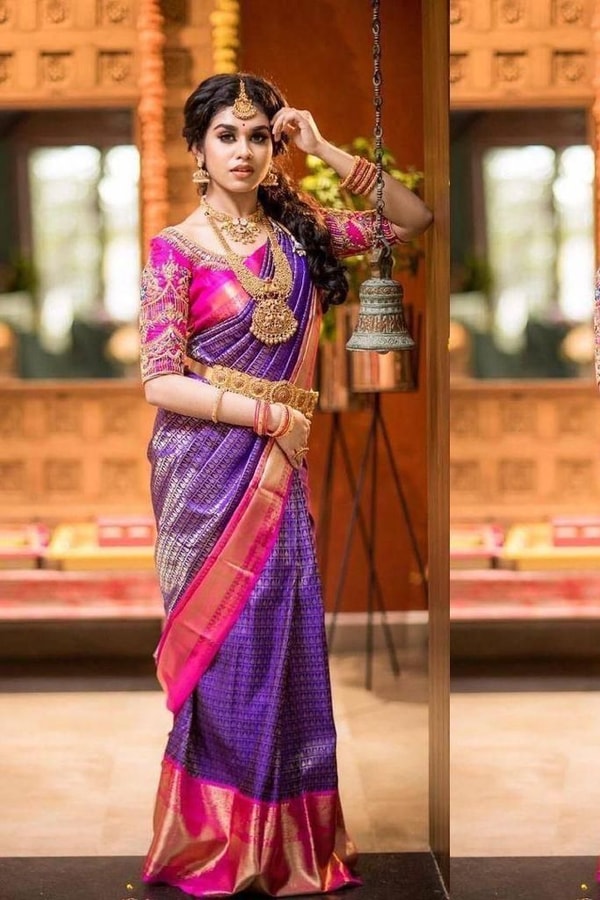 Purple and Pink Checked Banarasi Soft Silk Saree with Zari Border and Lustrous Finish  in Surat