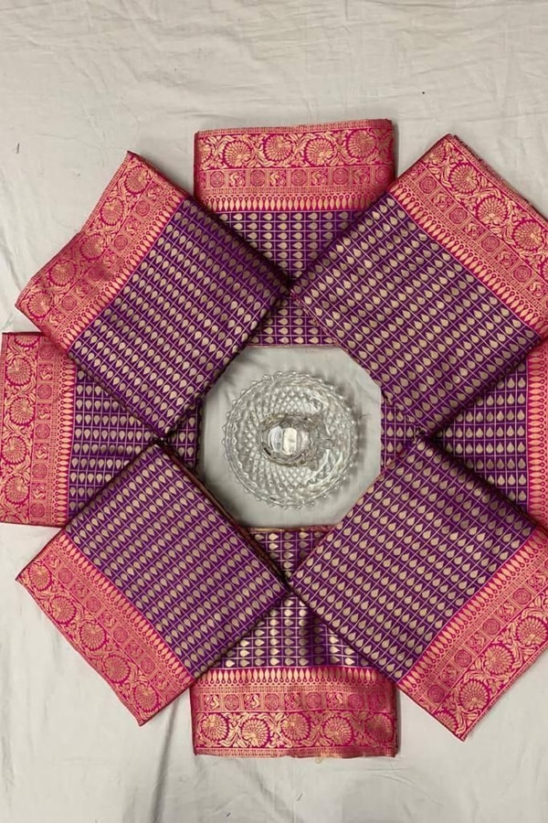 Purple and Pink Checked Banarasi Soft Silk Saree with Zari Border and Lustrous Finish  in Surat