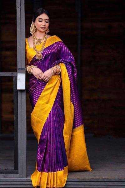 Radiant Sunshine Allover Golden Lining Design Saree with Yellow Rich Pallu Saree in Surat