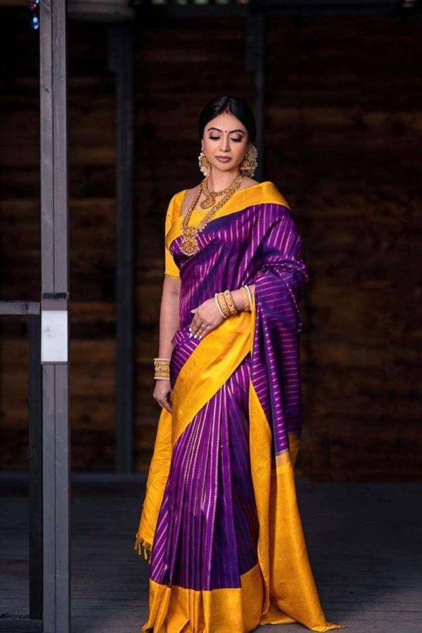 Radiant Sunshine Allover Golden Lining Design Saree with Yellow Rich Pallu Saree  in Surat