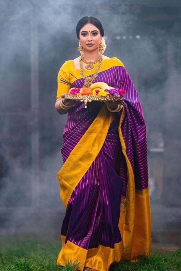 Radiant Sunshine Allover Golden Lining Design Saree with Yellow Rich Pallu Saree  in Surat