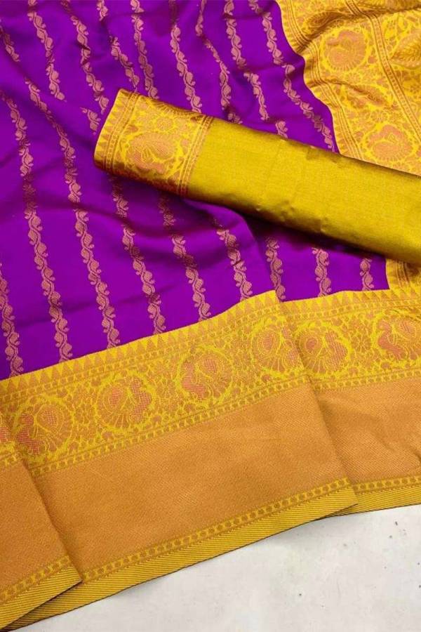 Radiant Sunshine Allover Golden Lining Design Saree with Yellow Rich Pallu Saree  in Surat