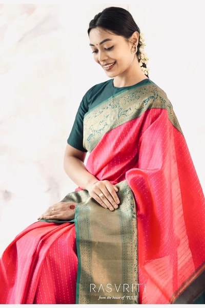 Rani Pink Banarasi Soft Silk Saree with Bottle Green Border and Gold Zari Pallu in Surat